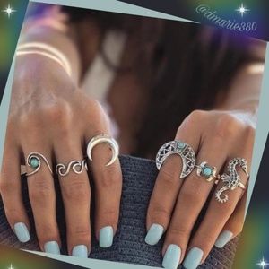 unique Bohemian moon , sea horse 6pc ring set